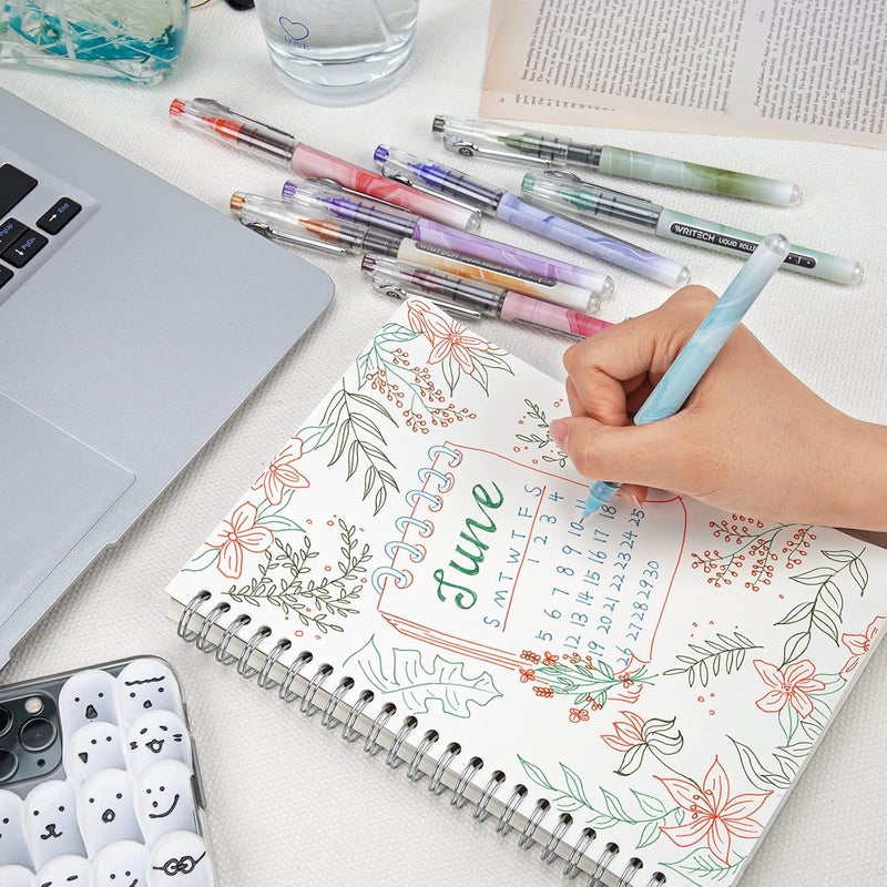 WRITECH Liquid Ink Rollerball Pens: Multi Colored 0.5mm Extra Fine Point Tip Rolling Roller Ball Pen 8ct Assorted Colors for Journaling Smooth Writing Note Taking No Bleed & Smudge & Smear - Image 5